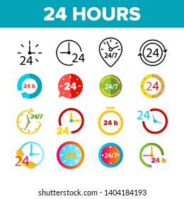 24 Hours, Clock, Time Vector Color Icons Set. 24 Hours Customer Service, Online Support Linear Symbols Pack. Convenience Store Logo. All Day Open Shop, Call Center Isolated Flat Illustrations