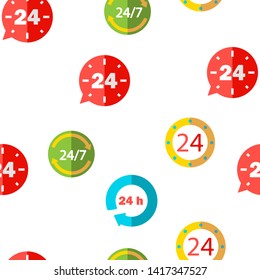 24 Hours, Clock, Time Vector Color Icons Seamless Pattern. 24 Hours Customer Service, Online Support Linear Symbols Pack. Convenience Store Logo. All Day Open Shop, Call Center Illustrations