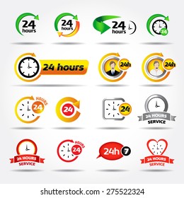 24 hours. Colorful vector icons set: 24/7, Badge, Label or Sticker for Customer Service, Support, Call Center or CRM Concept Isolated on White Background