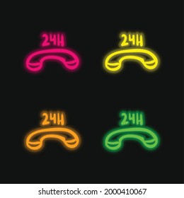 24 Hours Commercial Phone four color glowing neon vector icon