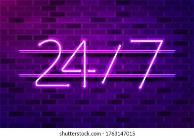24 hours, convenience store glowing neon sign or LED strip light. Realistic vector illustration. Purple brick wall, violet glow, metal holders.