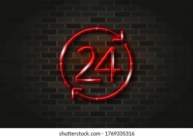 24 hours, convenience store glowing neon sign or glass tube. Realistic vector illustration. Black brick wall, soft shadow.