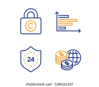 24 hours, Copyright locker and Horizontal chart icons simple set. World money sign. Protection, Private information, Presentation graph. Global markets. Linear 24 hours icon. Colorful design set