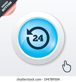 24 hours customer service. Round the clock support symbol. Blue shiny button. Modern UI website button with hand cursor pointer. Vector