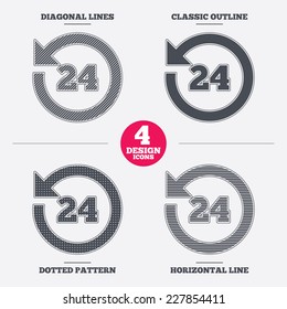 24 hours customer service. Round the clock support symbol. Diagonal and horizontal lines, classic outline, dotted texture. Pattern design icons.  Vector