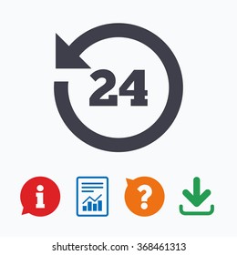 24 hours customer service. Round the clock support symbol. Information think bubble, question mark, download and report.