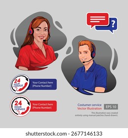 24 Hours Customer Service Support Vector Illustration – Call Center Operators with Headset - Powered by Shutterstock - Get 15% off with code: PIKWIZARD15