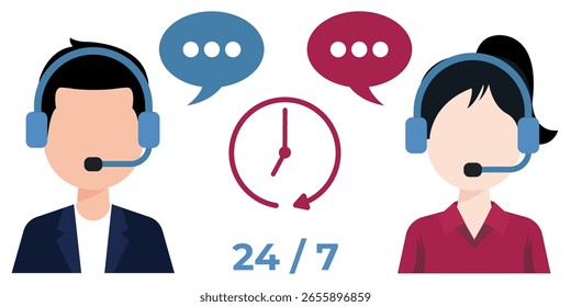 24 Hours Customer Support Concept with Male and Female Call Center Agents – Flat Vector Illustration