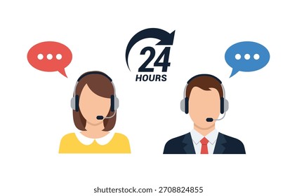 24 Hours Customer Support Team Flat Illustration. Vector Editable Format.