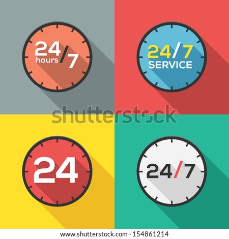 24 hours a day and 7 days a week service flat icon clock