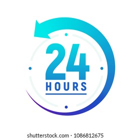 24 hours a day icon. Green clock icon around work. Service time support 24 hour per day.