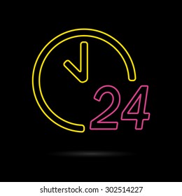 24 hours a day icon isolated on a dark background. Round the clock support symbol. Vector illustration of a colorful 24/7 neon sign.