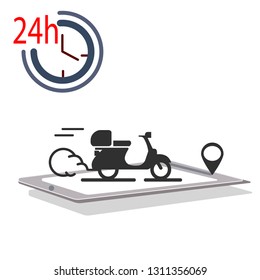 24 hours delivery concept app on mobile phone. scooter motorcycle on mobile phone vector illustration