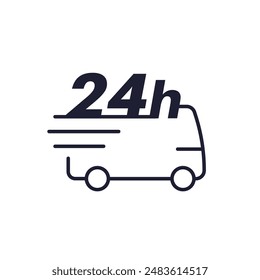 24 hours delivery icon with a van on white
