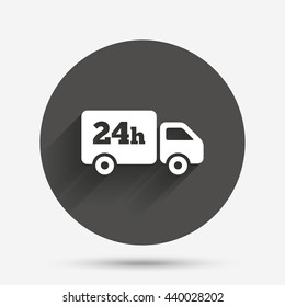 24 hours delivery service. Cargo truck symbol. Circle flat button with shadow. Vector