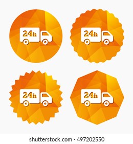 24 hours delivery service. Cargo truck symbol. Triangular low poly buttons with flat icon. Vector
