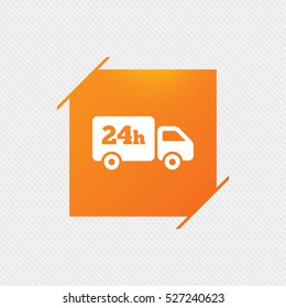 24 hours delivery service. Cargo truck symbol. Orange square label on pattern. Vector