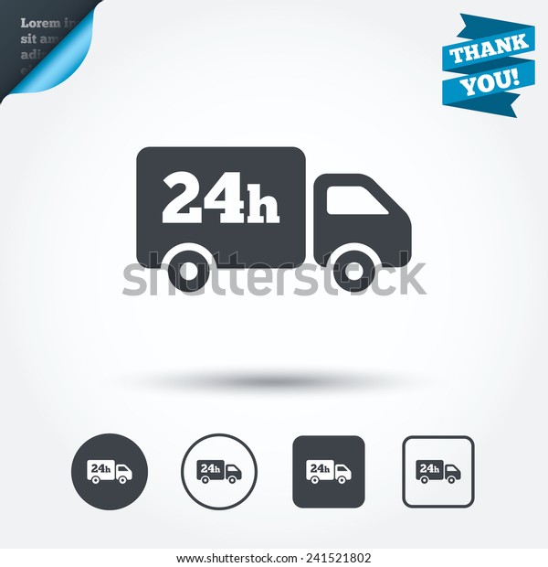 24\
hours delivery service. Cargo truck symbol. Circle and square\
buttons. Flat design set. Thank you ribbon.\
Vector