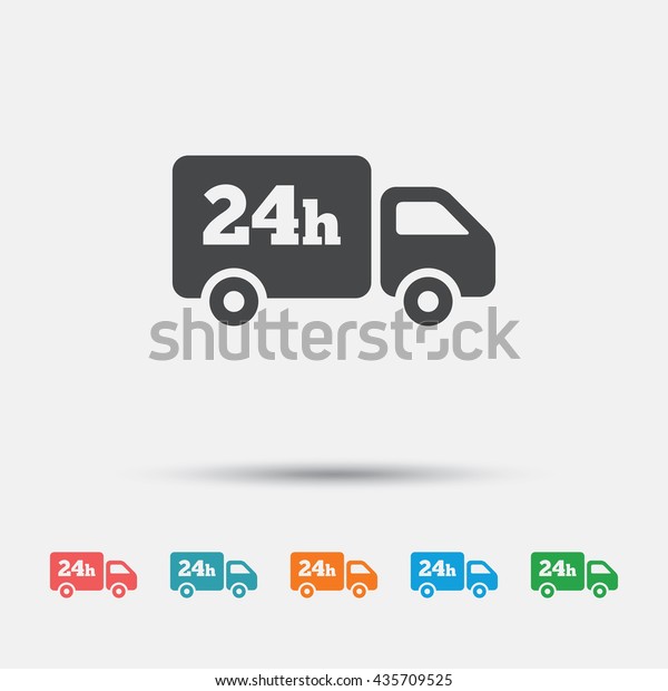 24 hours delivery service. Cargo truck symbol.\
Graphic element on white background. Colour clean flat delivery\
icons. Vector