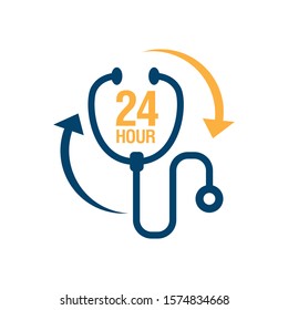 24 Hours Doctor Service Logo Iconvector.  Sign Of 24/7 Day And Night Healthcare Medical Services Button Symbol.