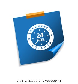 24 Hours Emergency Service Blue Sticky Notes Vector Icon Design