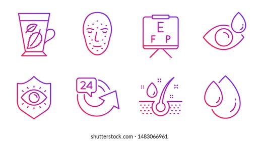 24 hours, Eye protection and Mint leaves line icons set. Vision board, Eye drops and Serum oil signs. Face biometrics, Oil drop symbols. Repeat, Optometry. Medical set. Gradient 24 hours icon. Vector