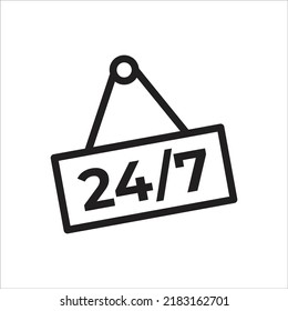 24 hours flat icon. Hanging sign with text Open 24 7 hours