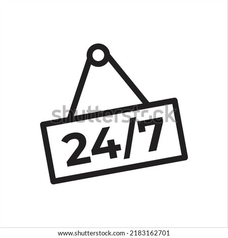24 hours flat icon. Hanging sign with text Open 24 7 hours