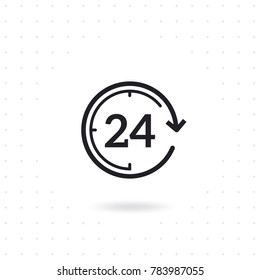 24 hours flat vector icon. Flat line design open 24 hours. Non stop working shop or service. Outline clock symbol. Twenty four hours icon. Flat line vector illustration