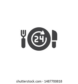 24 hours food delivery vector icon. filled flat sign for mobile concept and web design. Plate with fork, knife and clock glyph icon. Symbol, logo illustration. Vector graphics