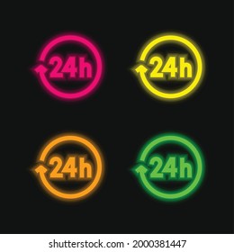 24 Hours four color glowing neon vector icon