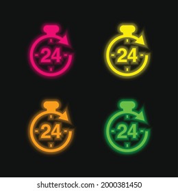 24 Hours four color glowing neon vector icon