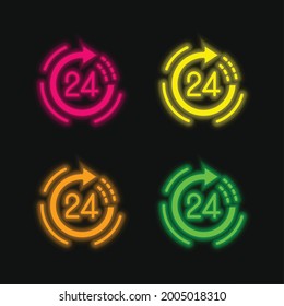 24 Hours four color glowing neon vector icon