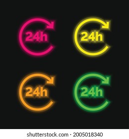 24 Hours four color glowing neon vector icon