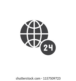 24 hours globe vector icon. filled flat sign for mobile concept and web design. world news simple solid icon. Symbol, logo illustration. Pixel perfect vector graphics