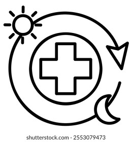 Servicio de salud 24 horas. Servicio de emergencia 24 horas. Vector de icono de contorno negro simple