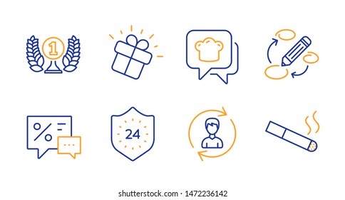 24 hours, Human resources and Gift line icons set. Cooking hat, Discounts and Laureate award signs. Keywords, Smoking symbols. Protection, Update profile. Business set. Line 24 hours icon. Vector