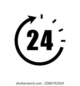 24 hours icon. All day vector. Number twenty four mark. Black circular arrow.