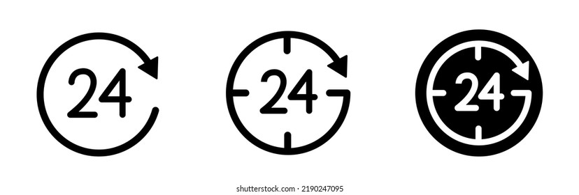 24 hours icon. Around the clock. Set of black icons isolated on white background. Vector clipart.