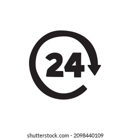 Icono de 24 horas en glifo plano negro, estilo relleno aislado en fondo blanco