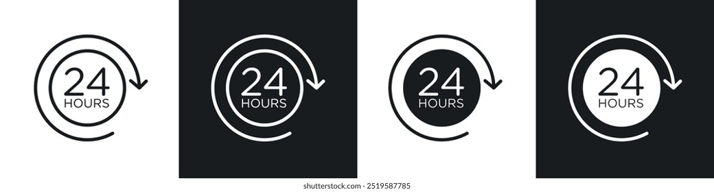 24 hours icon collection in black and white filled and stroke line style.