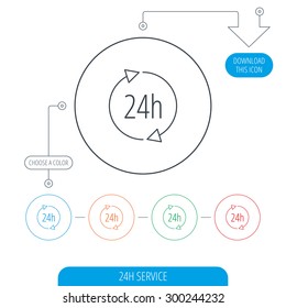24 hours icon. Customer service sign. Client support symbol. Line circle buttons. Download arrow symbol. Vector