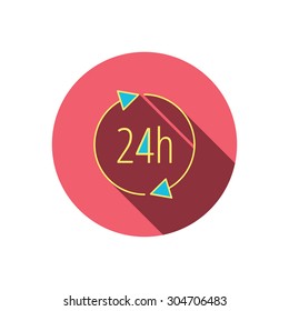 24 hours icon. Customer service sign. Client support symbol. Red flat circle button. Linear icon with shadow. Vector