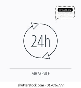 24 hours icon. Customer service sign. Client support symbol. Linear outline icon. Speech bubble of dotted line. Vector