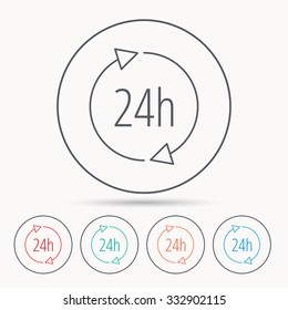 24 hours icon. Customer service sign. Client support symbol. Linear circle icons.