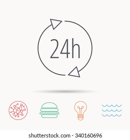 24 hours icon. Customer service sign. Client support symbol. Global connect network, ocean wave and burger icons. Lightbulb lamp symbol.