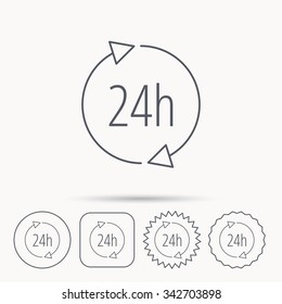 24 hours icon. Customer service sign. Client support symbol. Linear circle, square and star buttons with icons.