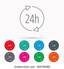 24 hours icon. Customer service sign. Client support symbol. Linear icons in circles on white background.