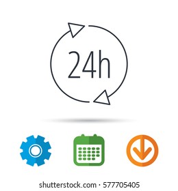 24 hours icon. Customer service sign. Client support symbol. Calendar, cogwheel and download arrow signs. Colored flat web icons. Vector