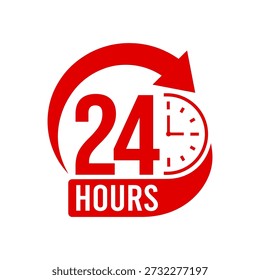 Logotipo del icono de 24 horas. Icono de 24 horas. Ilustración vectorial. 24 horas etiqueta, logotipo, insignia, Anuncio, etiqueta engomada, sello, signo, símbolo, círculo, flecha, rojo, línea, Vector plano, ilustración aislada.